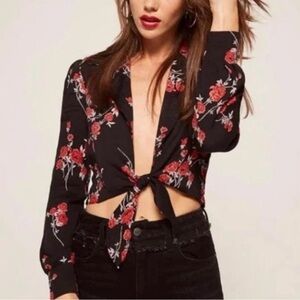 Reformation Black Red Floral Dottie Long Sleeve Crop Top Front Tie Closure